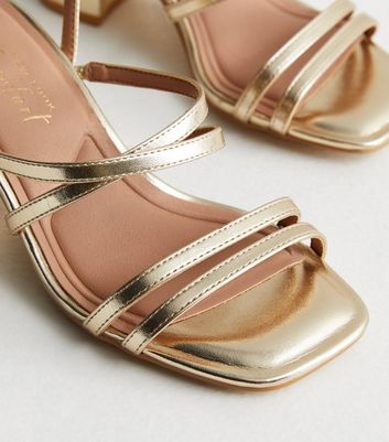 extra wide fit gold strappy mid block heel sandals